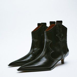 NWT Zara Leather Cowboy Ankle Boots - Black